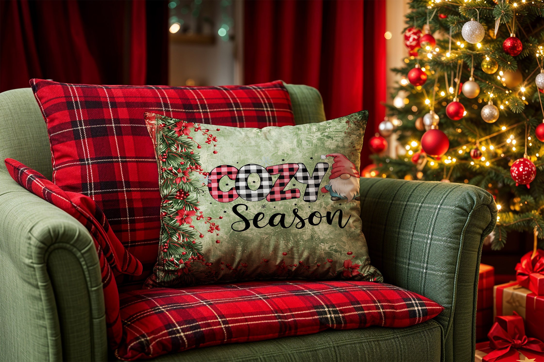 Yılbaşı Koleksiyonu- 45x45 cm Dikilmemiş 2’li Kırlent Paneli – Cozy Season Yazılı Kokina Çiçekli