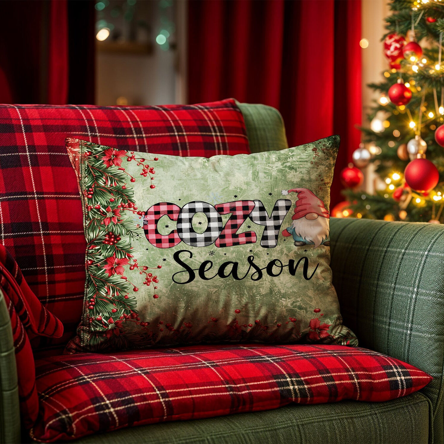 Yılbaşı Koleksiyonu- 45x45 cm Dikilmemiş 2’li Kırlent Paneli – Cozy Season Yazılı Kokina Çiçekli
