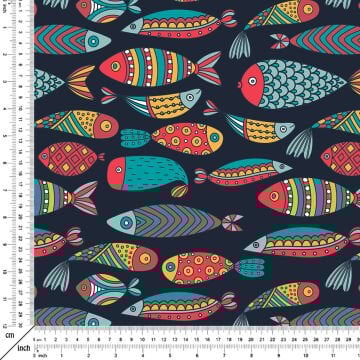 Lacivert Zemin Üzerine Renkli Balık Desenli Kumaş