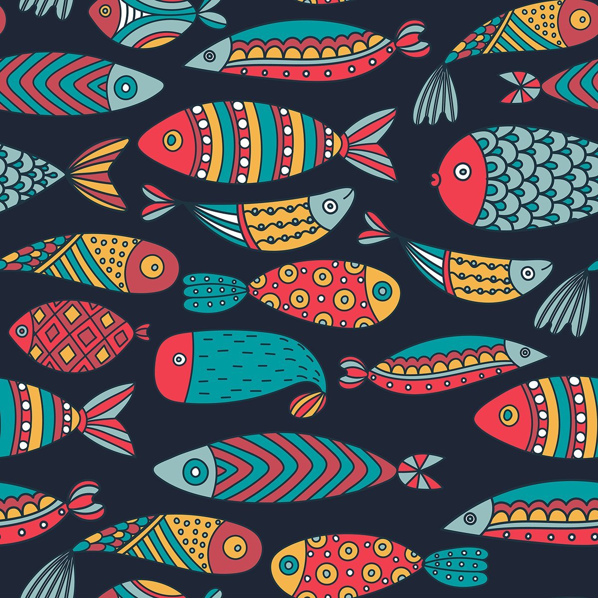 Lacivert Zemin Üzerine Renkli Balık Desenli Kumaş