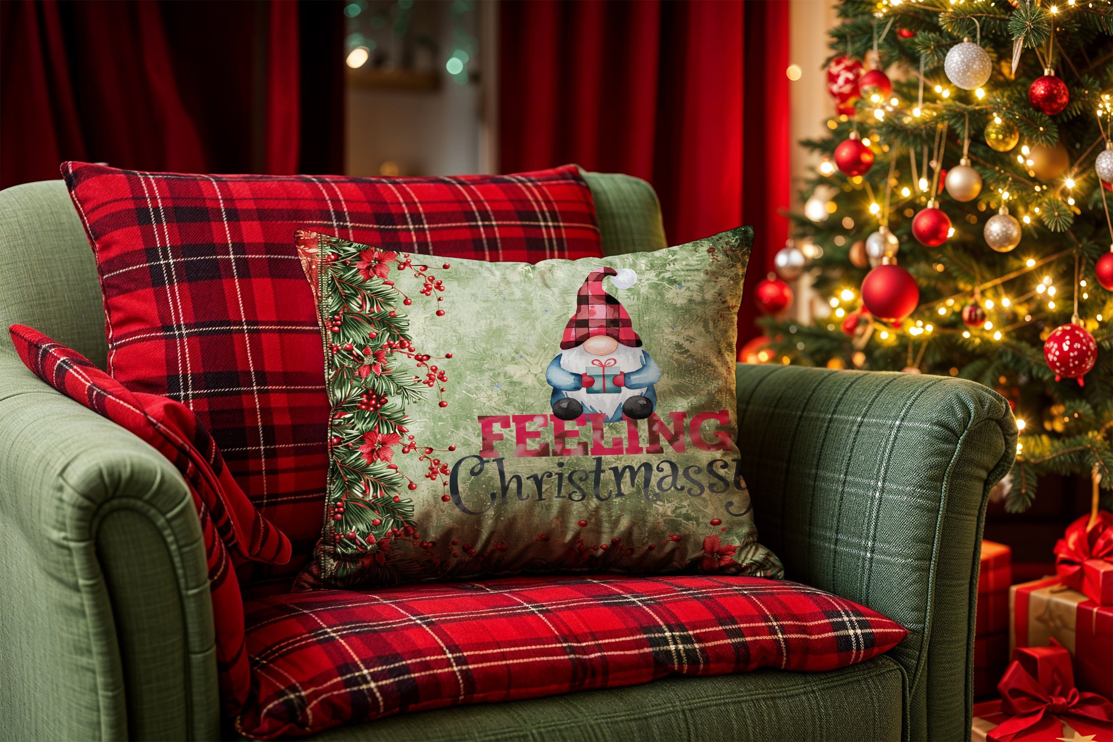 Yılbaşı Koleksiyonu- 45x45 cm Dikilmemiş 2’li Kırlent Paneli – Feeling Chrismassy Yazılı ve  Kokina Çiçekli