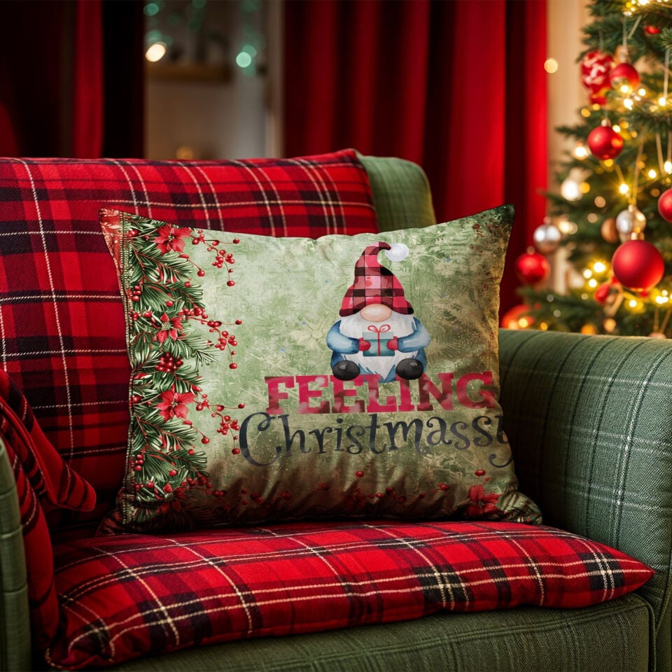 Yılbaşı Koleksiyonu- 45x45 cm Dikilmemiş 2’li Kırlent Paneli – Feeling Chrismassy Yazılı ve  Kokina Çiçekli
