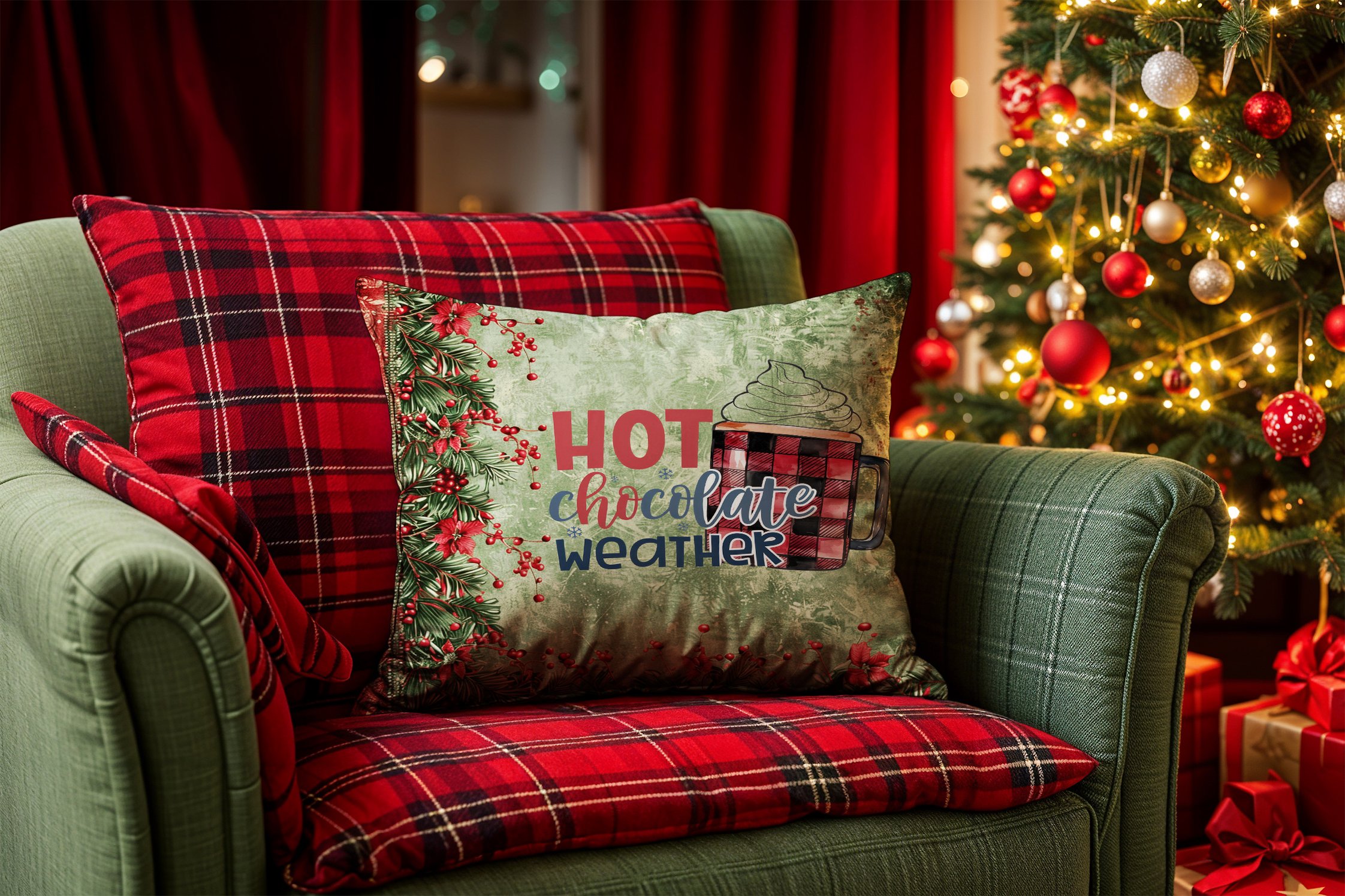 Yılbaşı Koleksiyonu- 45x45 cm Dikilmemiş 2’li Kırlent Paneli – Hot Chocolate Weather Yazılı ve Kokina Çiçekli