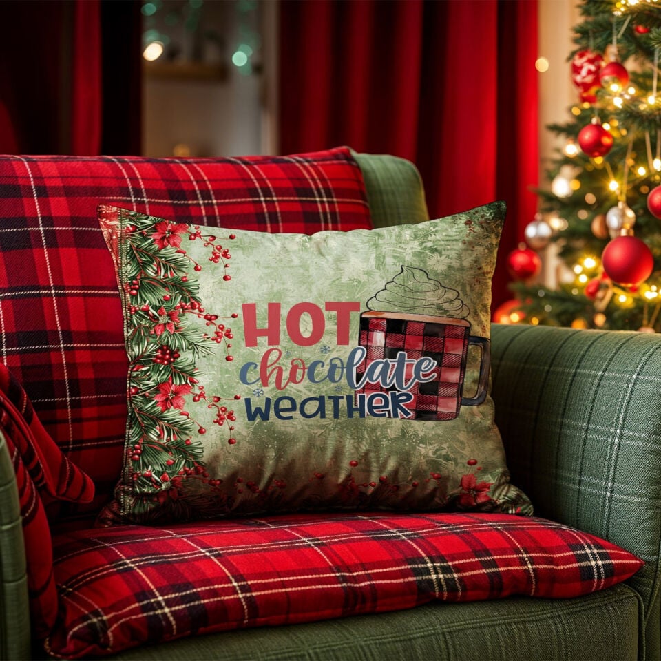 Yılbaşı Koleksiyonu- 45x45 cm Dikilmemiş 2’li Kırlent Paneli – Hot Chocolate Weather Yazılı ve Kokina Çiçekli