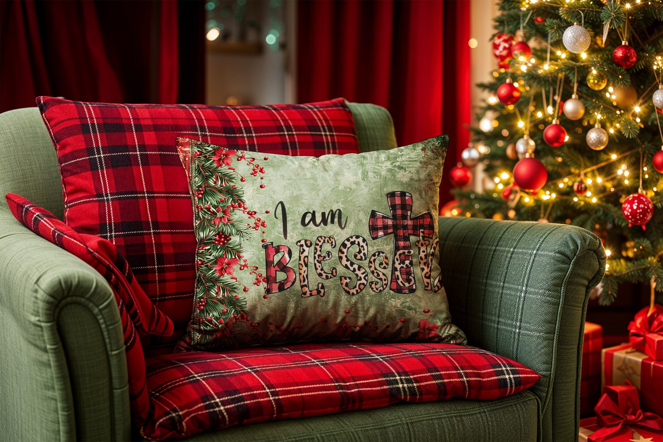 Yılbaşı Koleksiyonu- 45x45 cm Dikilmemiş 2’li Kırlent Paneli –I am blessed to Yazılı Kokina  Çiçekli