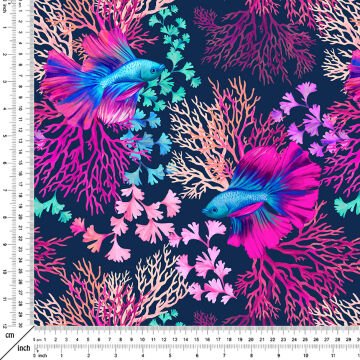 Fosforlu Mercanlı Balıklı Dijital Baskılı Kumaş