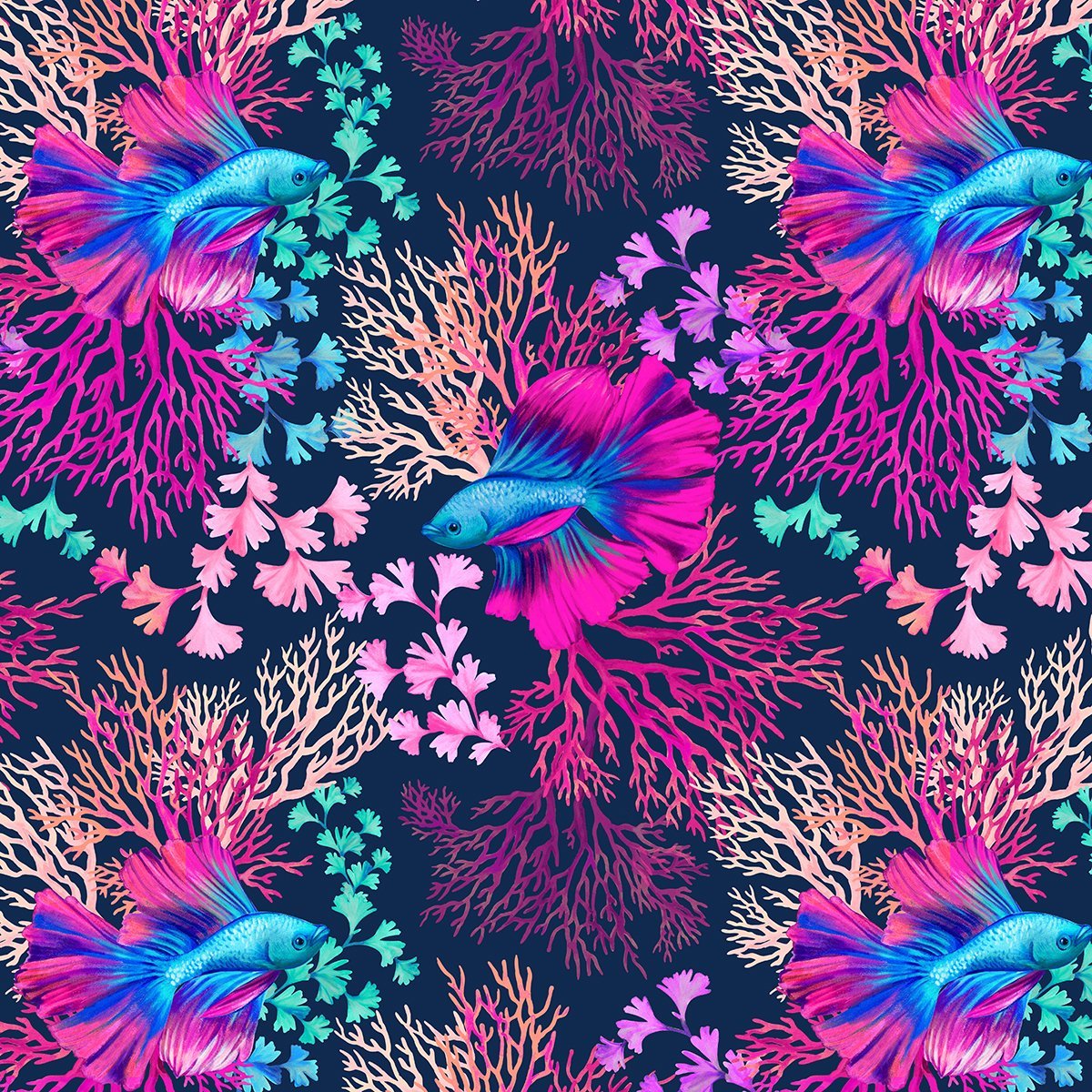 Fosforlu Mercanlı Balıklı Dijital Baskılı Kumaş