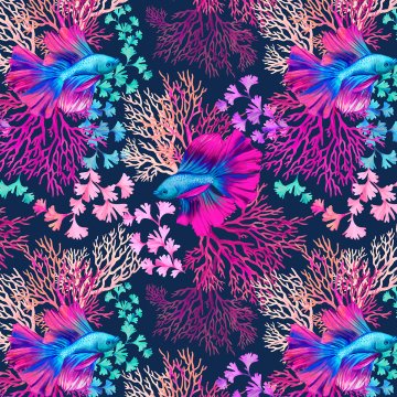 Fosforlu Mercanlı Balıklı Dijital Baskılı Kumaş