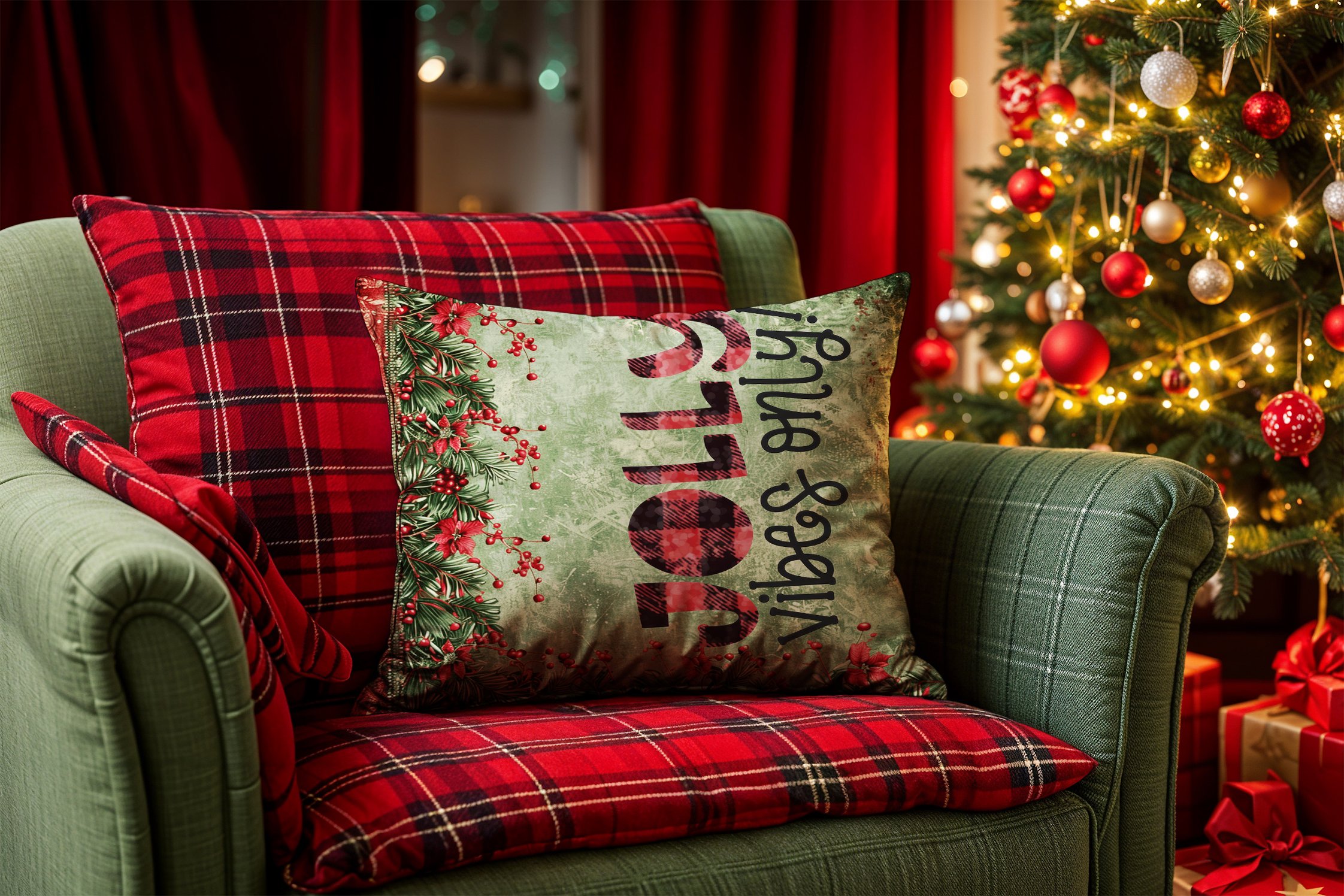 Yılbaşı Koleksiyonu- 45x45 cm Dikilmemiş 2’li Kırlent Paneli –Jolly Vibes Only Yazılı Kokina  Çiçekli