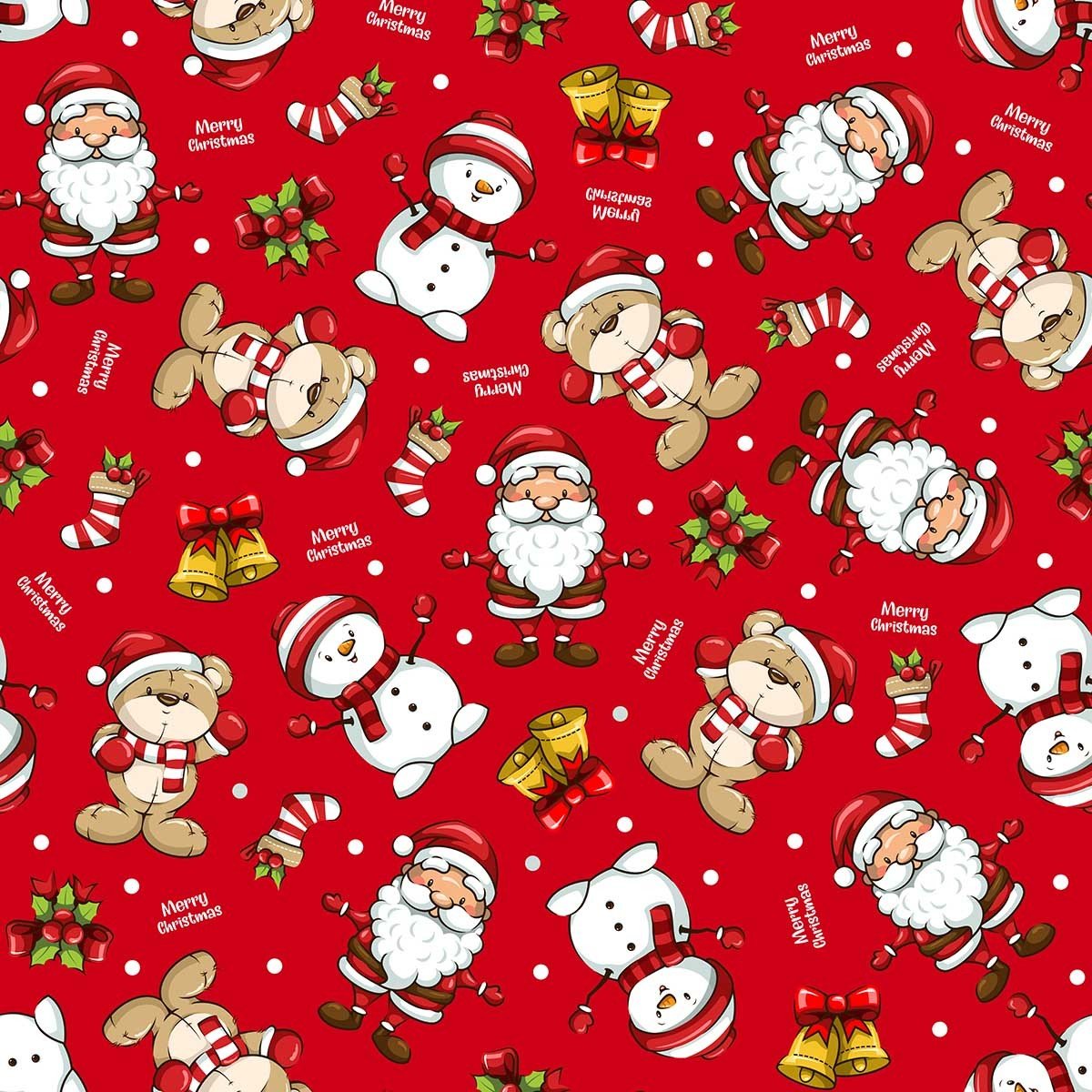 Yılbaşı Koleksiyonu- Kırmızı Zemin Üzerine Noel Baba ve Ayıcıklı Desenli Kumaş