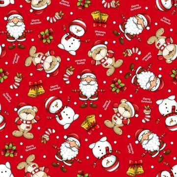 Yılbaşı Koleksiyonu- Kırmızı Zemin Üzerine Noel Baba ve Ayıcıklı Desenli Kumaş