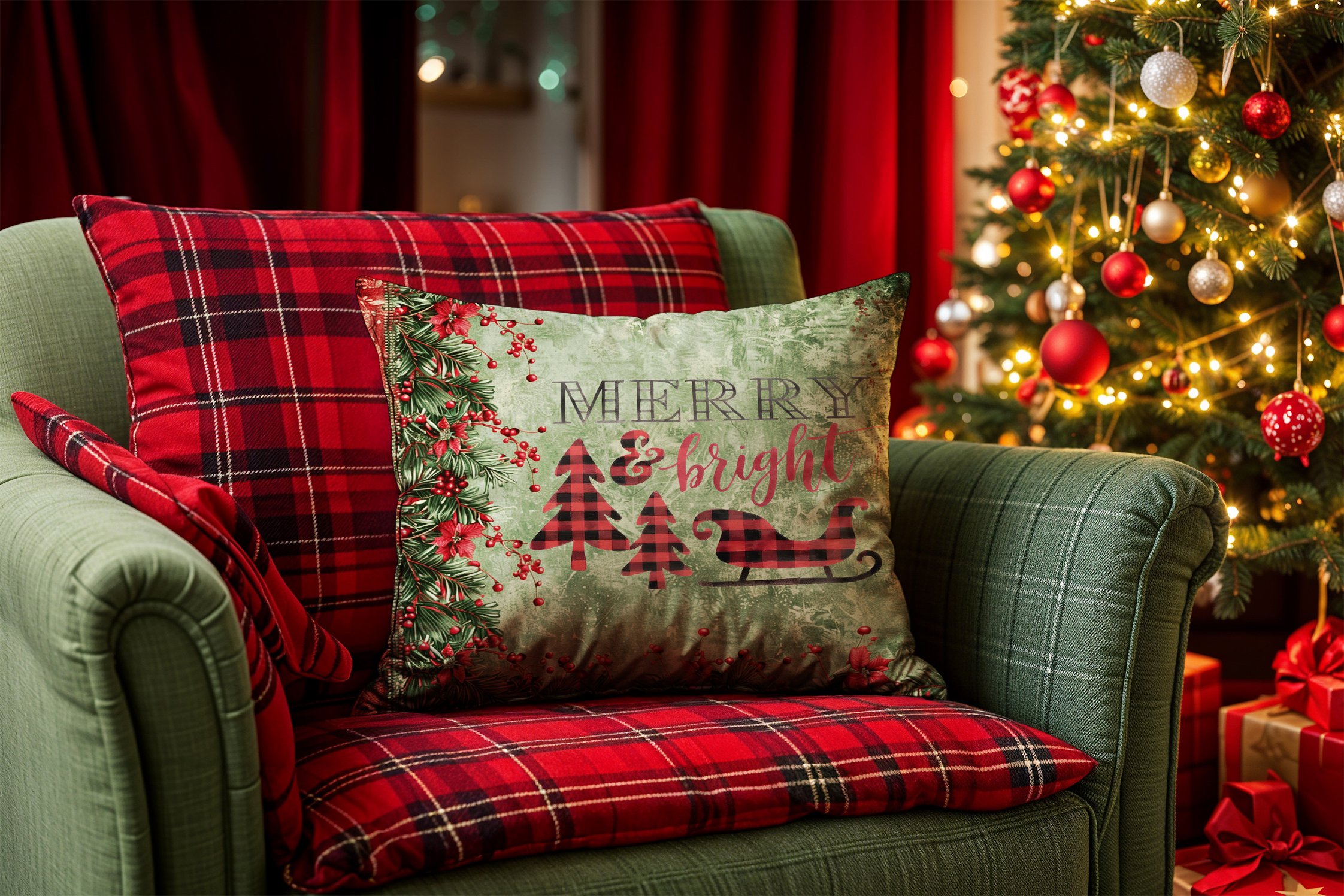 Yılbaşı Koleksiyonu- 45x45 cm Dikilmemiş 2’li Kırlent Paneli – Merry Bright yazılı Kokina Çiçekli