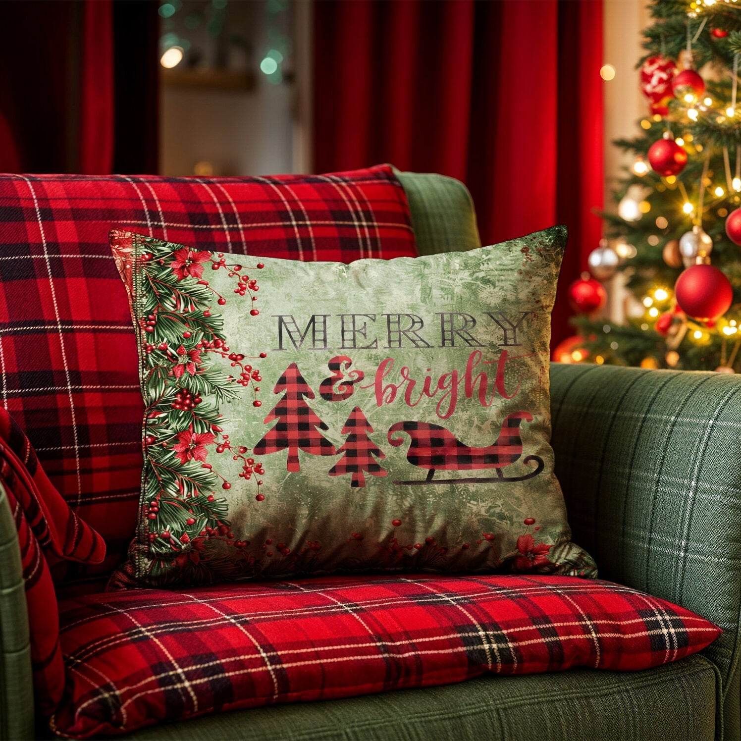 Yılbaşı Koleksiyonu- 45x45 cm Dikilmemiş 2’li Kırlent Paneli – Merry Bright yazılı Kokina Çiçekli