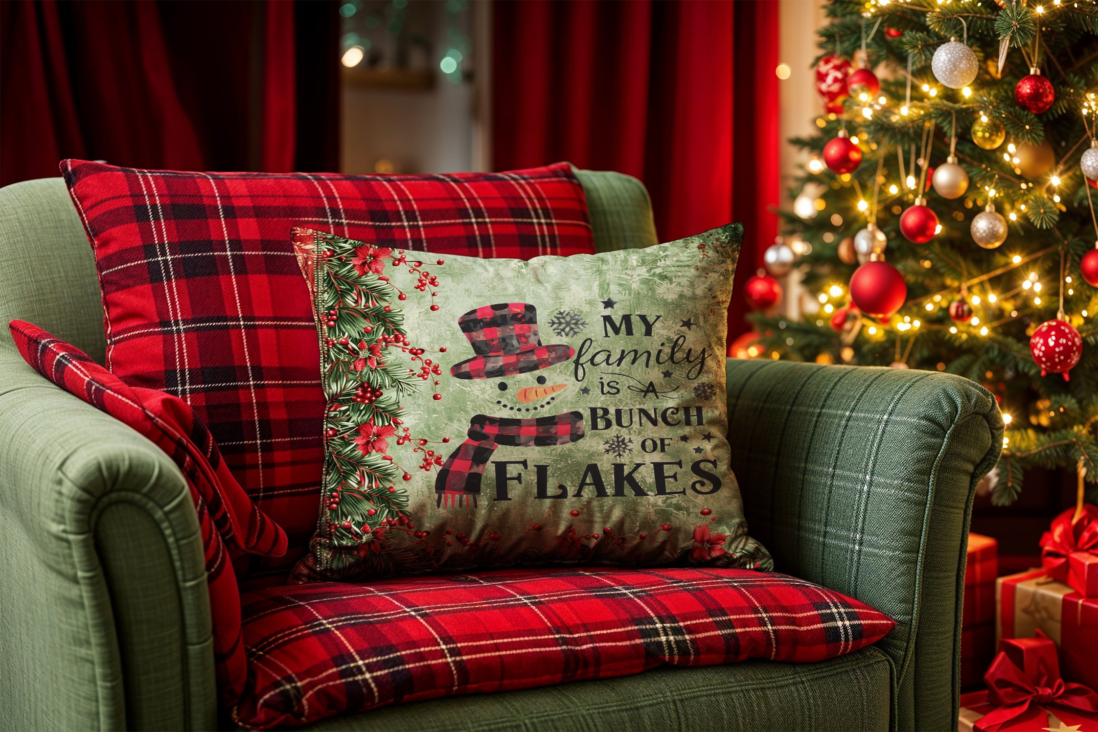 Yılbaşı Koleksiyonu- 45x45 cm Dikilmemiş 2’li Kırlent Paneli – My Family is a Bunch of Flakes yazılı Kokina Çiçekli