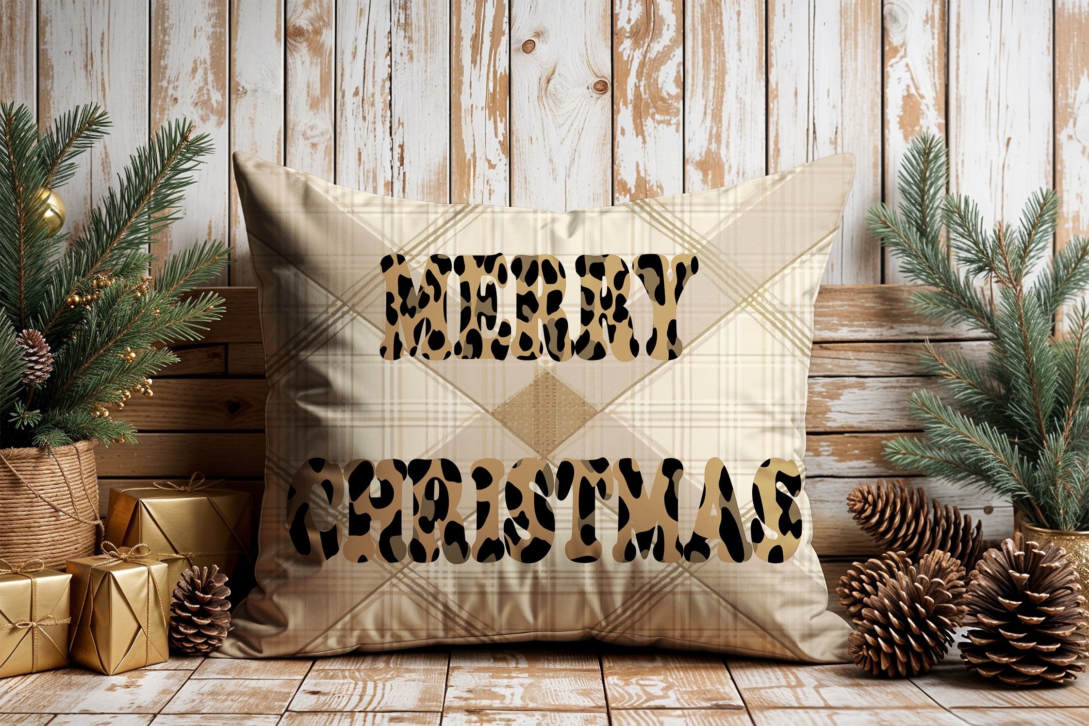 Yılbaşı Koleksiyonu- 45x45 cm Dikilmemiş 2’li Kırlent Paneli – Krem Ekose Zemin Merry Christmas