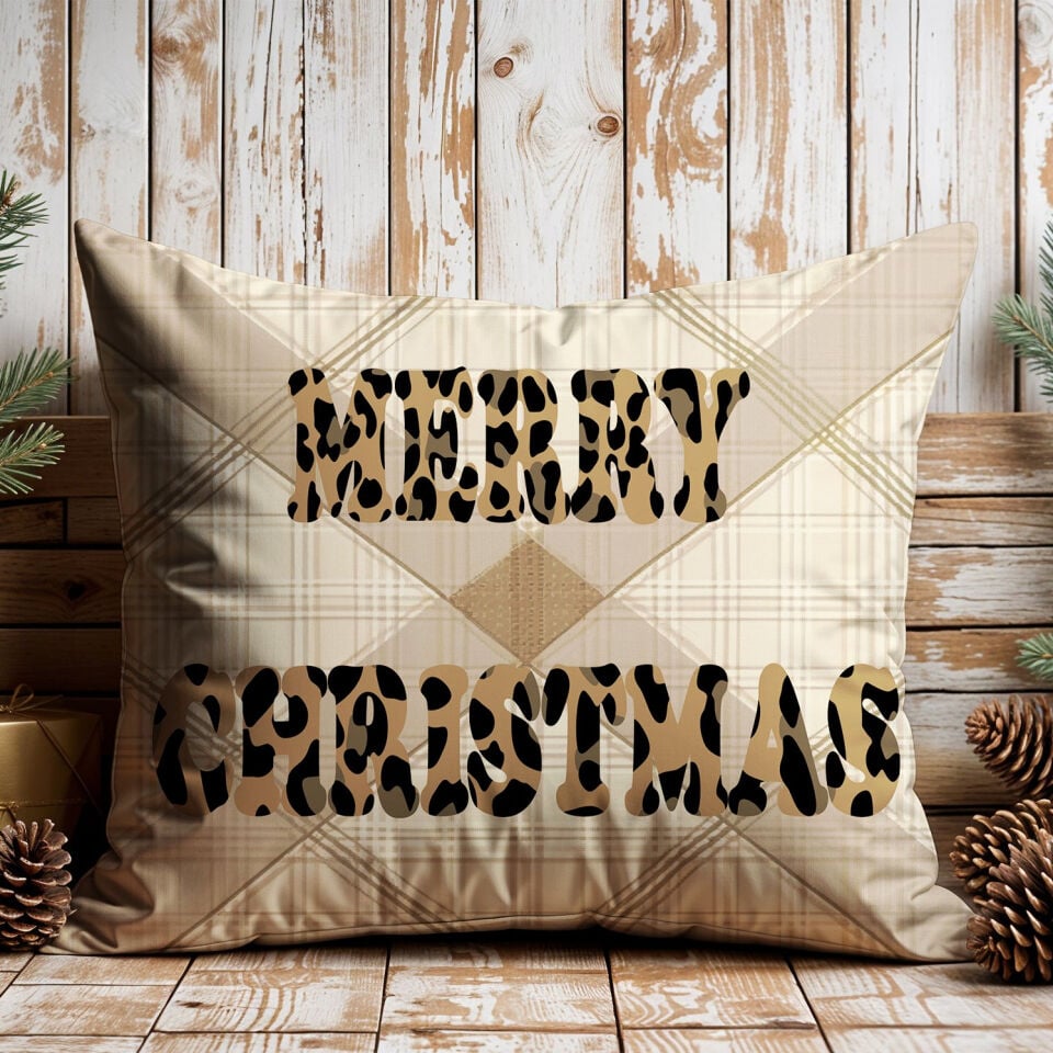 Yılbaşı Koleksiyonu- 45x45 cm Dikilmemiş 2’li Kırlent Paneli – Krem Ekose Zemin Merry Christmas