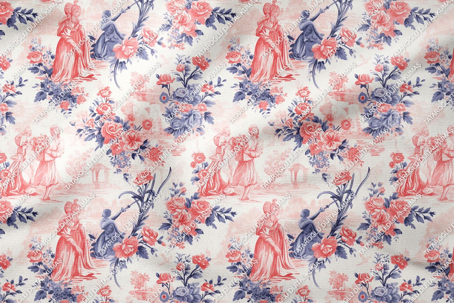 Toile de Jouy Vintage Kadınlar, Gül Ağaçları Arasında Kadın Silüetleri Çok Amaçlı Dekoratif Dijital Baskı Kumaş