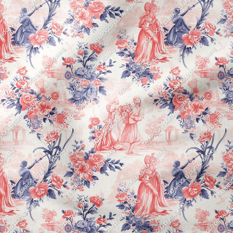 Toile de Jouy Vintage Kadınlar, Gül Ağaçları Arasında Kadın Silüetleri Çok Amaçlı Dekoratif Dijital Baskı Kumaş