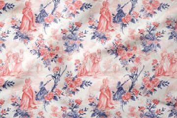 Toile de Jouy Vintage Kadınlar, Gül Ağaçları Arasında Kadın Silüetleri Çok Amaçlı Dekoratif Dijital Baskı Kumaş