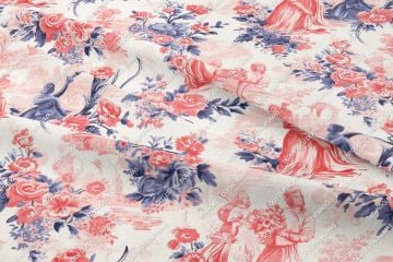 Toile de Jouy Vintage Kadınlar, Gül Ağaçları Arasında Kadın Silüetleri Çok Amaçlı Dekoratif Dijital Baskı Kumaş