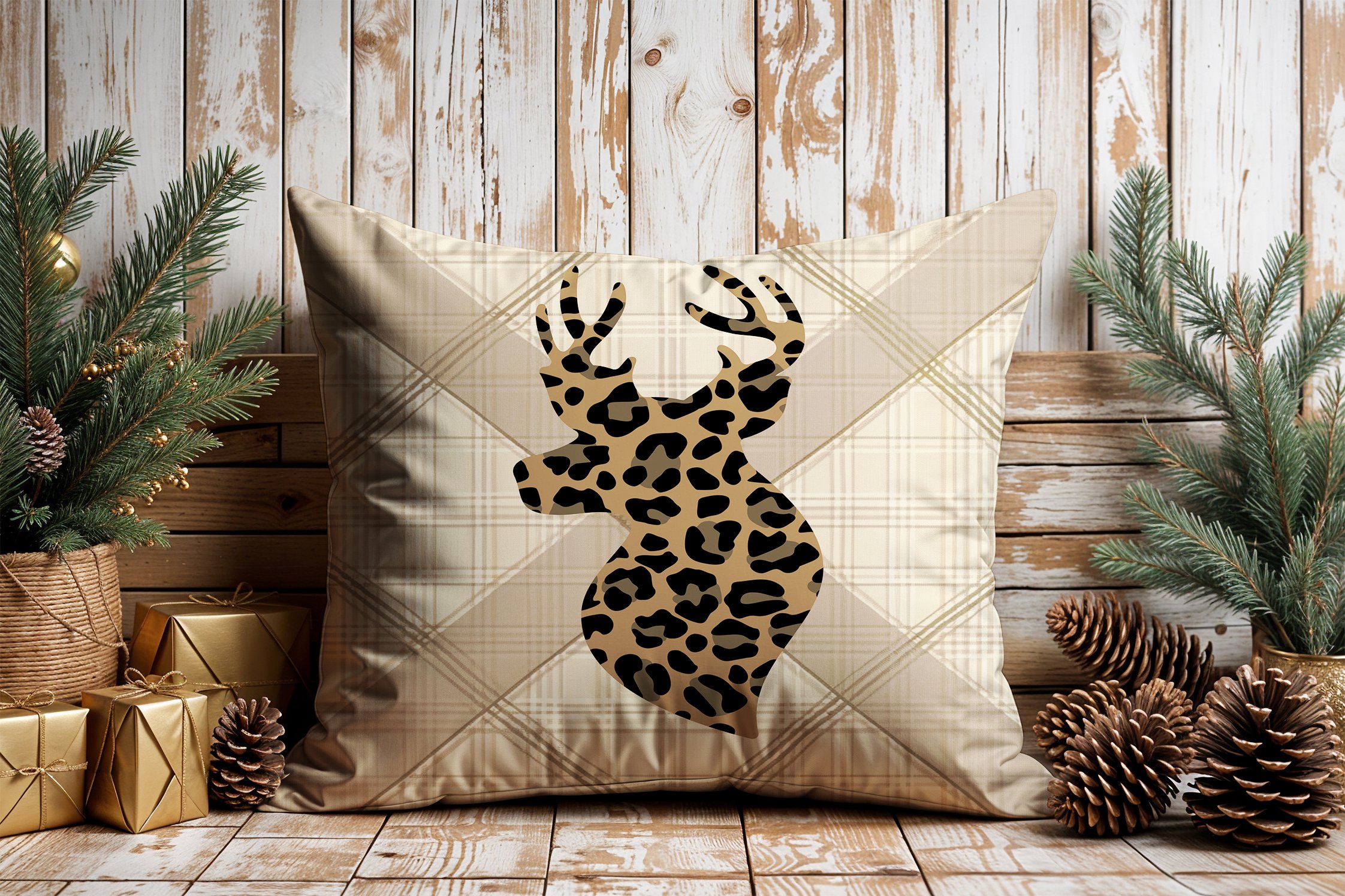 Yılbaşı Koleksiyonu- 45x45 cm Dikilmemiş 2’li Kırlent Paneli – Krem Ekose Zemin Leopar Geyik Kafası