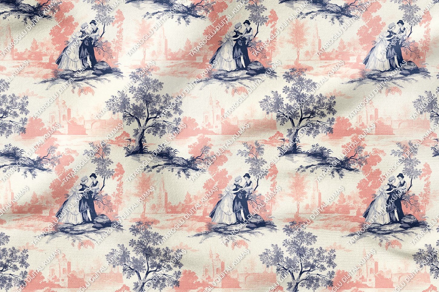 Toile de Jouy Vintage Kadınlar, Ağaçlar Arasında Kadın ve Çocuğu Çok Amaçlı Dekoratif Dijital Baskı Kumaş