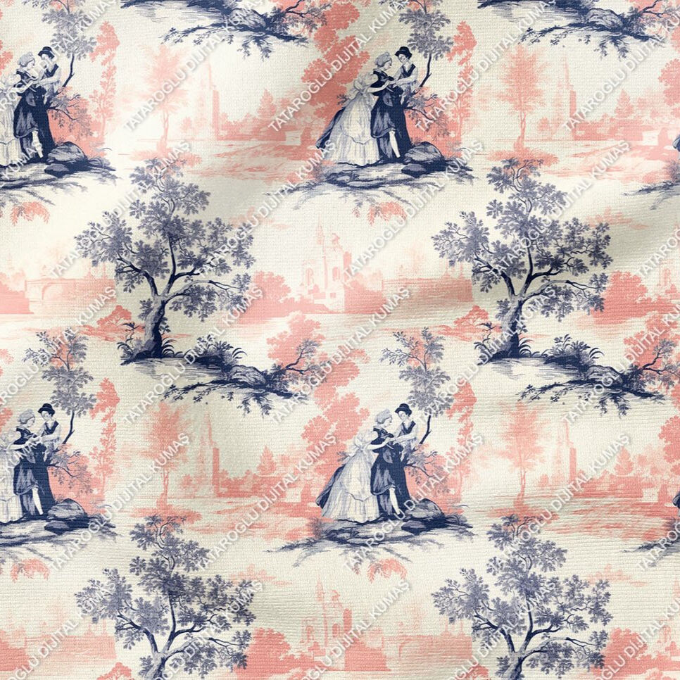 Toile de Jouy Vintage Kadınlar, Ağaçlar Arasında Kadın ve Çocuğu Çok Amaçlı Dekoratif Dijital Baskı Kumaş
