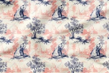 Toile de Jouy Vintage Kadınlar, Ağaçlar Arasında Kadın ve Çocuğu Çok Amaçlı Dekoratif Dijital Baskı Kumaş