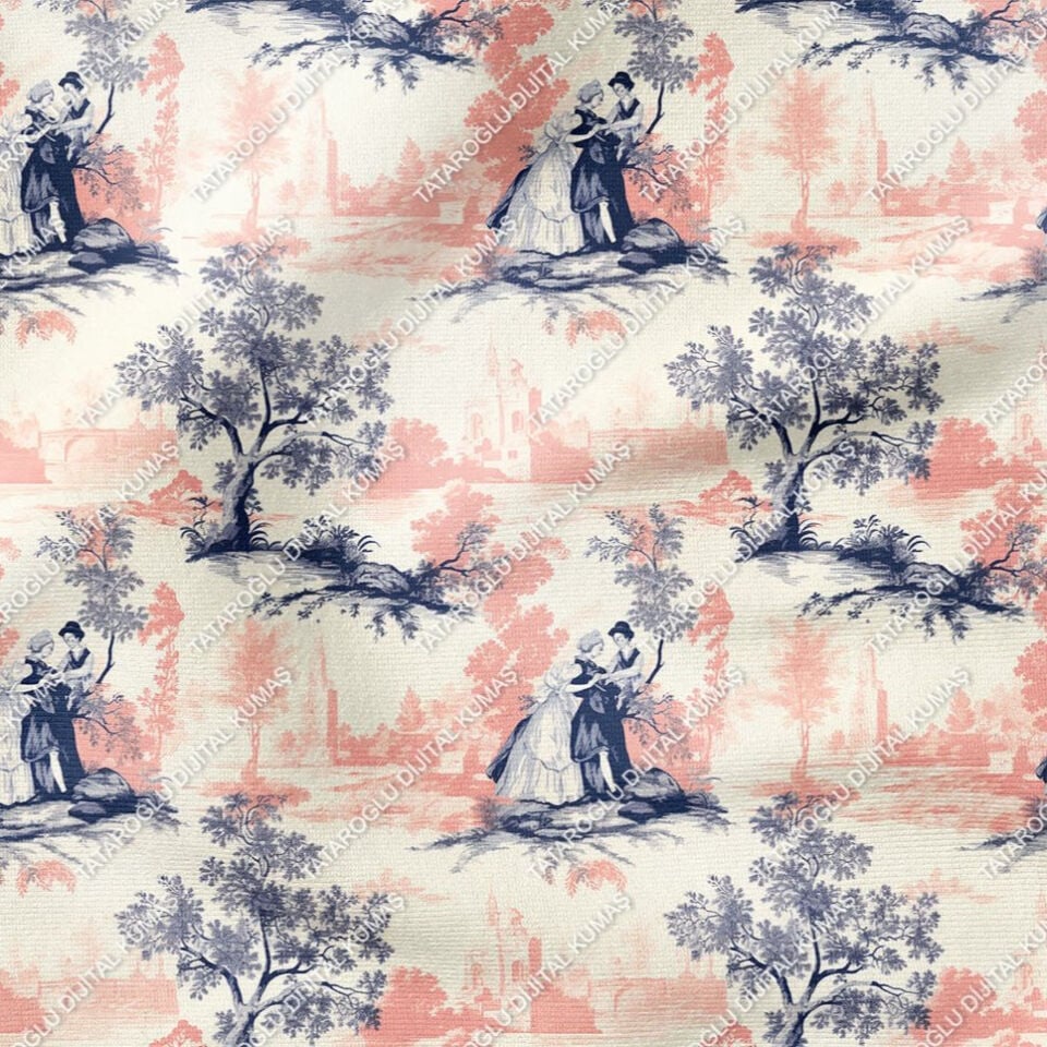 Toile de Jouy Vintage Kadınlar, Ağaçlar Arasında Kadın ve Çocuğu Çok Amaçlı Dekoratif Dijital Baskı Kumaş