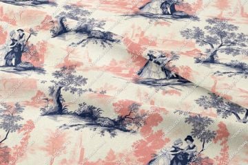 Toile de Jouy Vintage Kadınlar, Ağaçlar Arasında Kadın ve Çocuğu Çok Amaçlı Dekoratif Dijital Baskı Kumaş