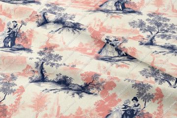 Toile de Jouy Vintage Kadınlar, Ağaçlar Arasında Kadın ve Çocuğu Çok Amaçlı Dekoratif Dijital Baskı Kumaş