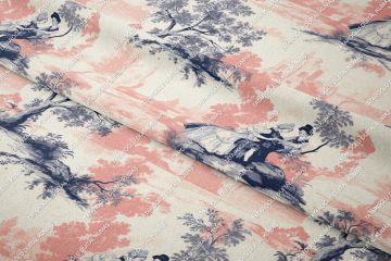 Toile de Jouy Vintage Kadınlar, Ağaçlar Arasında Kadın ve Çocuğu Çok Amaçlı Dekoratif Dijital Baskı Kumaş