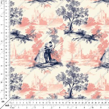 Toile de Jouy Vintage Kadınlar, Ağaçlar Arasında Kadın ve Çocuğu Çok Amaçlı Dekoratif Dijital Baskı Kumaş