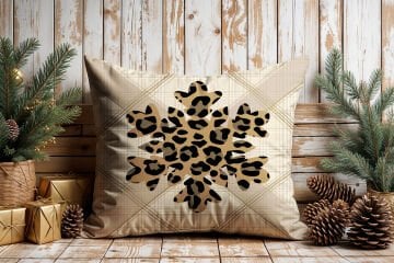 Yılbaşı Koleksiyonu- 45x45 cm Dikilmemiş 2’li Kırlent Paneli – Krem Ekose Zemin Leopar Kar Tanesi