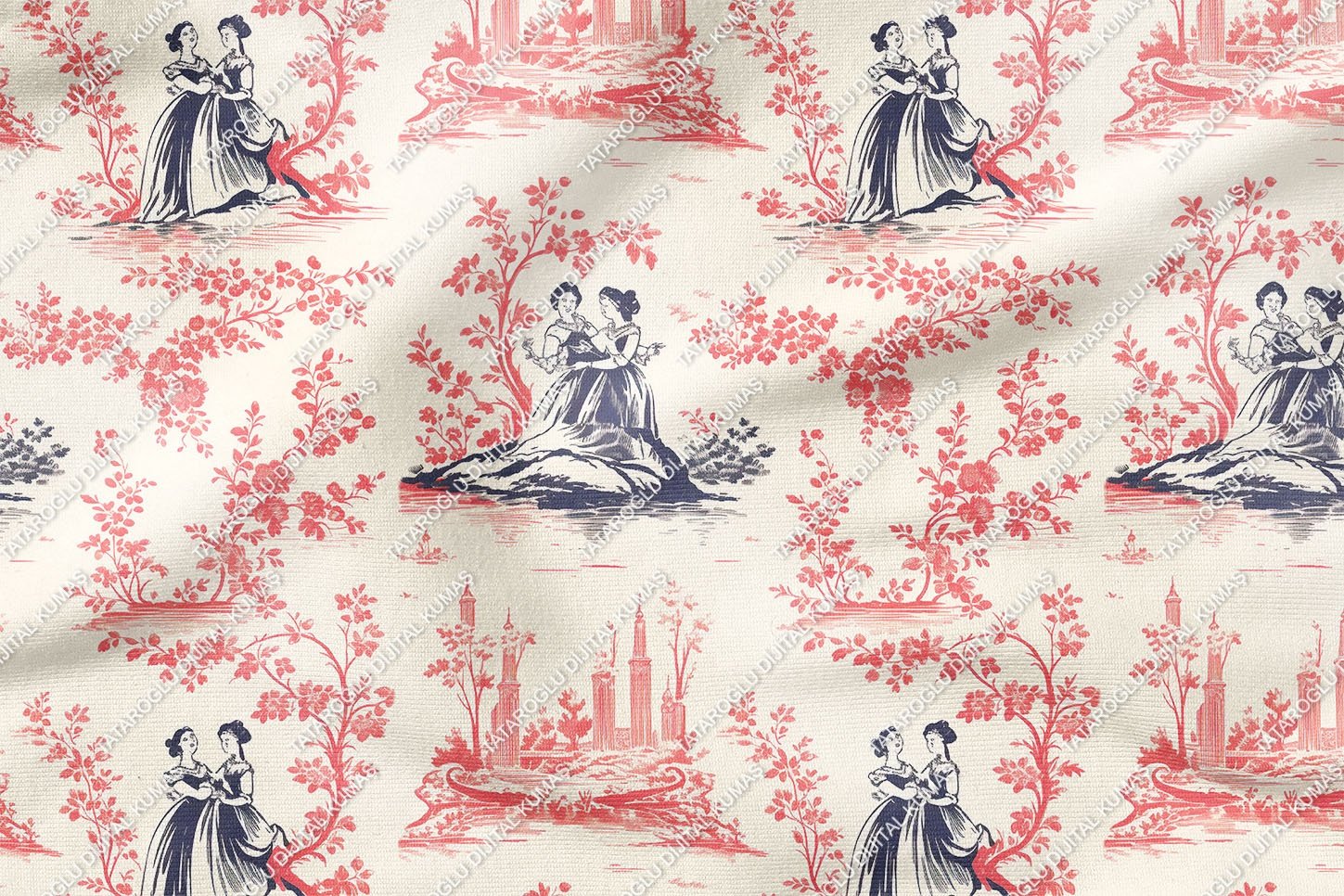 Toile de Jouy Vintage Kadınlar, Çiçekler  Arasında Kadın Silüetleri Çok Amaçlı Dekoratif Dijital Baskı Kumaş