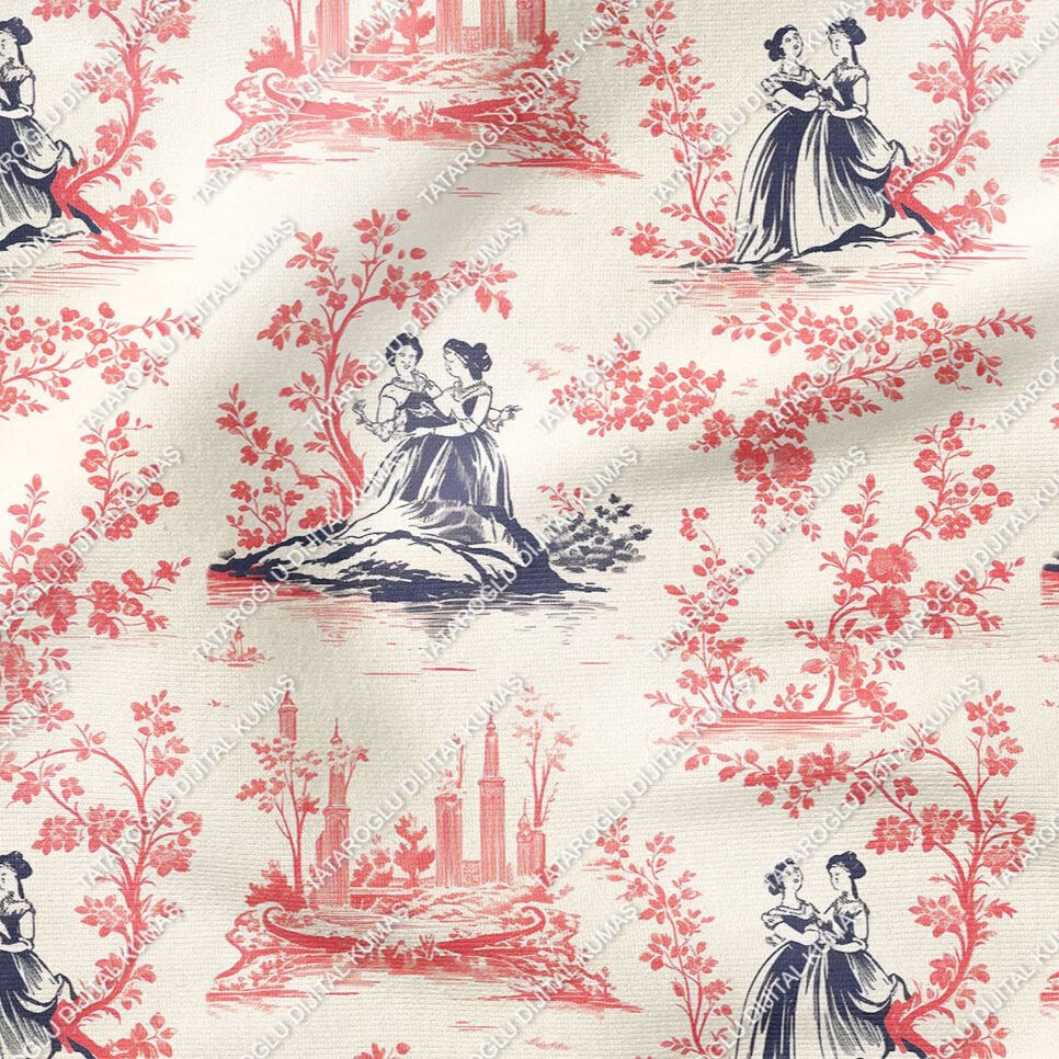 Toile de Jouy Vintage Kadınlar, Çiçekler  Arasında Kadın Silüetleri Çok Amaçlı Dekoratif Dijital Baskı Kumaş