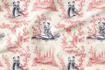 Toile de Jouy Vintage Kadınlar, Çiçekler  Arasında Kadın Silüetleri Çok Amaçlı Dekoratif Dijital Baskı Kumaş