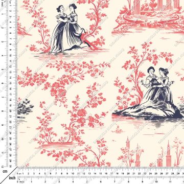 Toile de Jouy Vintage Kadınlar, Çiçekler  Arasında Kadın Silüetleri Çok Amaçlı Dekoratif Dijital Baskı Kumaş