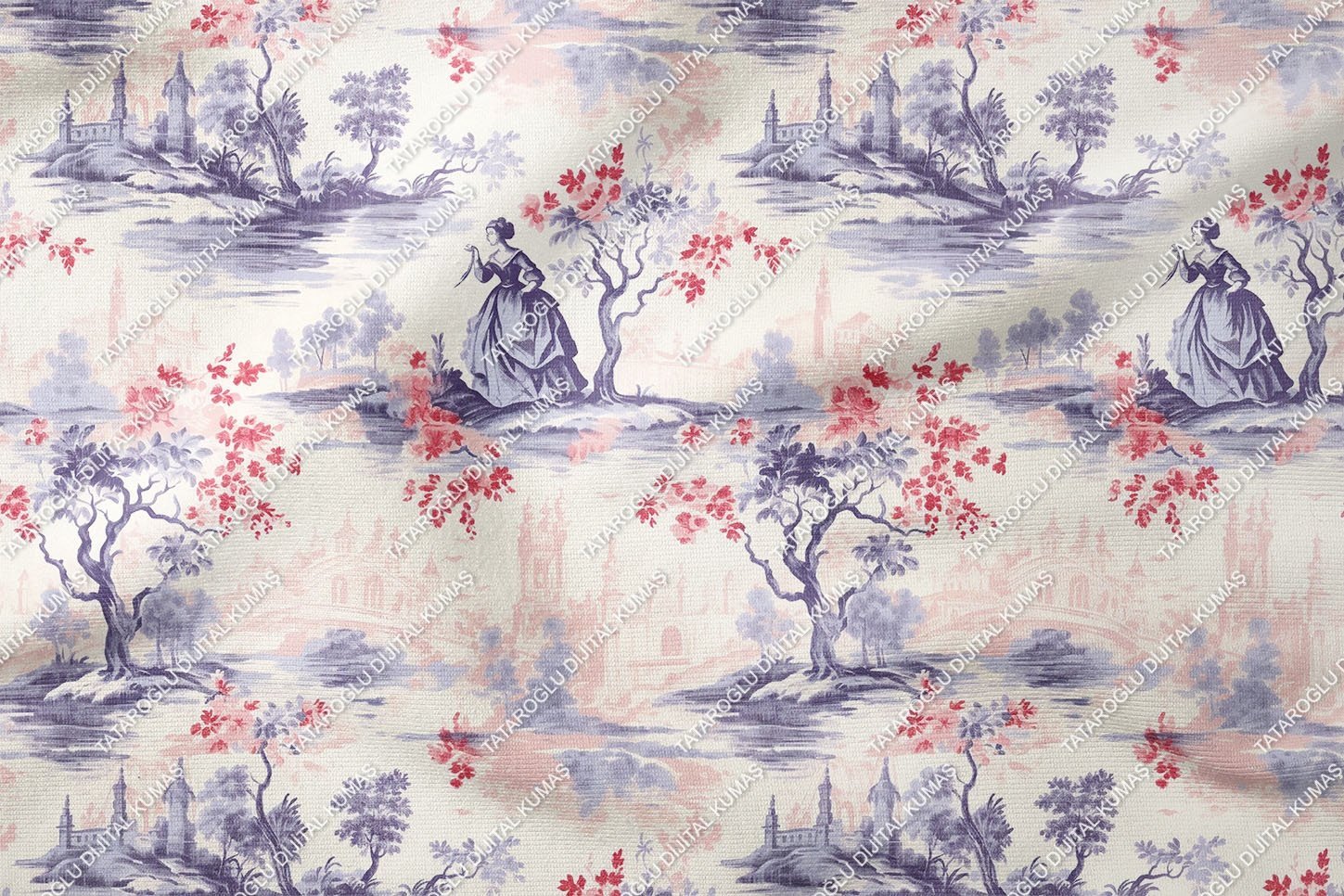 Toile de Jouy Vintage Kadınlar, Ağaçlar ve Şato Arasında Kadın Silüetleri Çok Amaçlı Dekoratif Dijital Baskı Kumaş