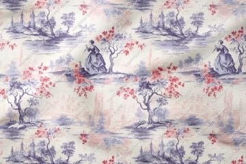 Toile de Jouy Vintage Kadınlar, Ağaçlar ve Şato Arasında Kadın Silüetleri Çok Amaçlı Dekoratif Dijital Baskı Kumaş