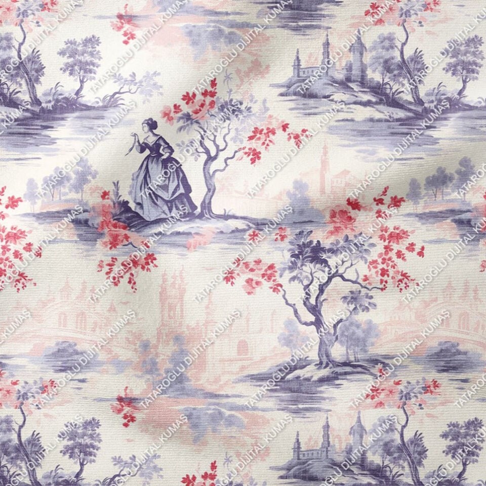Toile de Jouy Vintage Kadınlar, Ağaçlar ve Şato Arasında Kadın Silüetleri Çok Amaçlı Dekoratif Dijital Baskı Kumaş