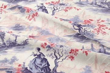 Toile de Jouy Vintage Kadınlar, Ağaçlar ve Şato Arasında Kadın Silüetleri Çok Amaçlı Dekoratif Dijital Baskı Kumaş
