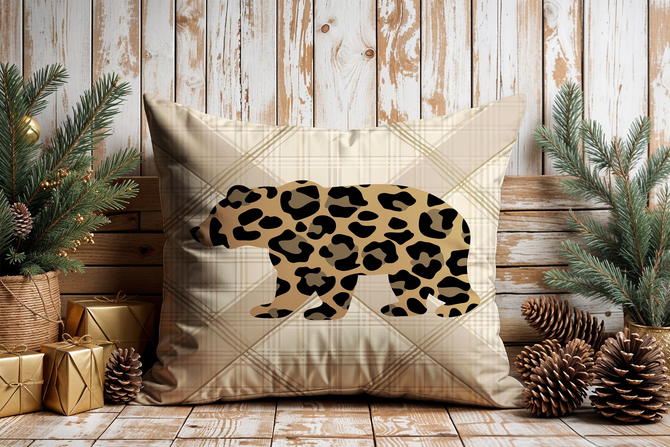 Yılbaşı Koleksiyonu- 45x45 cm Dikilmemiş 2’li Kırlent Paneli – Krem Ekose Zemin Leopar Ayı