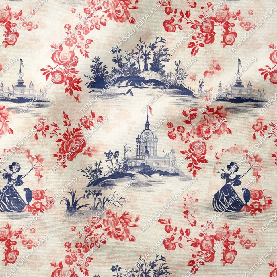 Toile de Jouy Vintage Kadınlar, Kırmızı Çiçekler Arasında Kadın Silüetleri Çok Amaçlı Dekoratif Dijital Baskı Kumaş