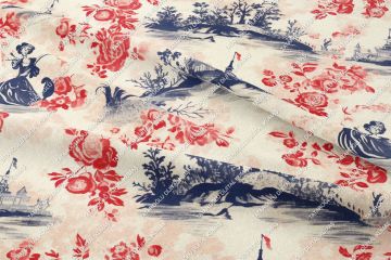 Toile de Jouy Vintage Kadınlar, Kırmızı Çiçekler Arasında Kadın Silüetleri Çok Amaçlı Dekoratif Dijital Baskı Kumaş