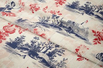 Toile de Jouy Vintage Kadınlar, Kırmızı Çiçekler Arasında Kadın Silüetleri Çok Amaçlı Dekoratif Dijital Baskı Kumaş