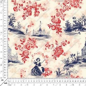 Toile de Jouy Vintage Kadınlar, Kırmızı Çiçekler Arasında Kadın Silüetleri Çok Amaçlı Dekoratif Dijital Baskı Kumaş