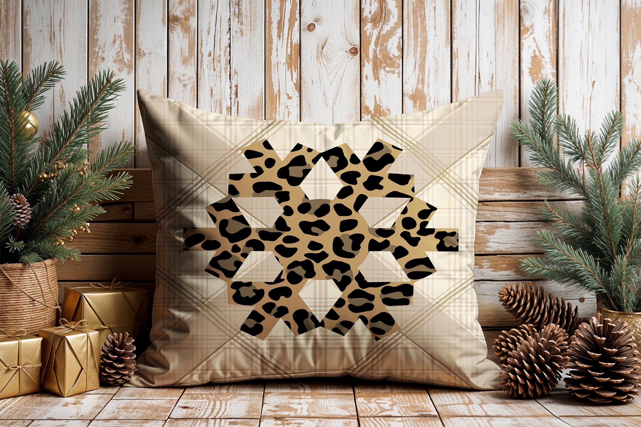 Yılbaşı Koleksiyonu- 45x45 cm Dikilmemiş 2’li Kırlent Paneli – Krem Ekose Zemin Leopar Kar Tanesi