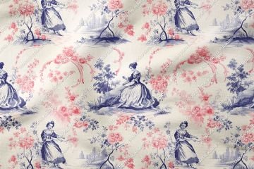 Toile de Jouy, Vintage Kadınlar, Güller Arasında Kadın Silüetleri Çok Amaçlı Dekoratif Dijital Baskılı Kumaş