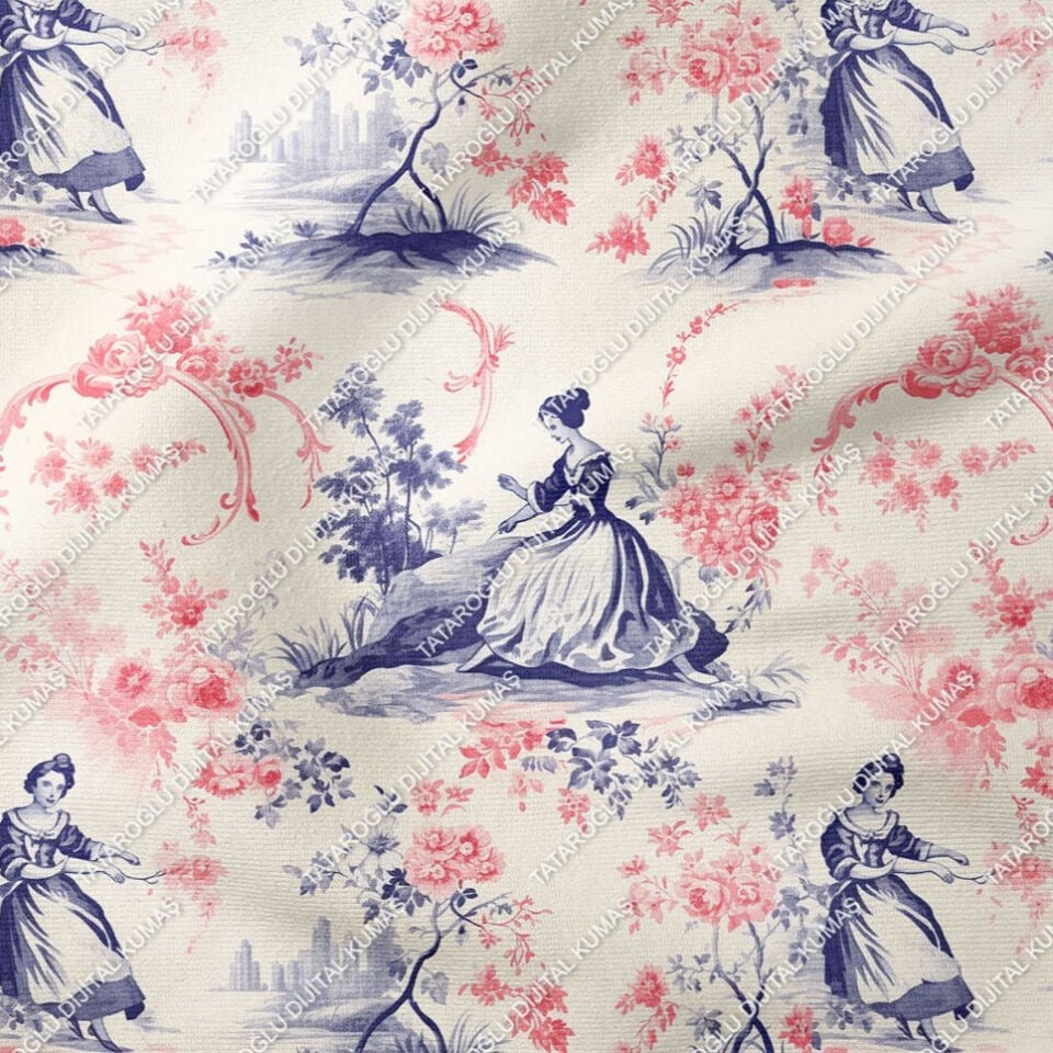 Toile de Jouy, Vintage Kadınlar, Güller Arasında Kadın Silüetleri Çok Amaçlı Dekoratif Dijital Baskılı Kumaş